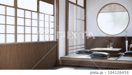 White Sofa japanese on room japan tropical desing and tatami mat floor. White Sofa japanese on room japan tropical desing and tatami mat floor. 104126458