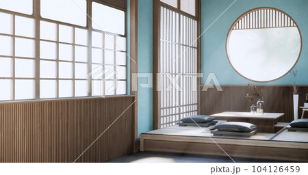White Sofa japanese on room japan tropical desing and tatami mat floor. White Sofa japanese on room japan tropical desing and tatami mat floor. 104126459