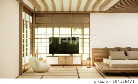 Japan style empty room decorated with wooden bed, white wall and wooden wall. 104126471
