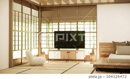 Japan style empty room decorated with wooden bed, white wall and wooden wall. 104126472
