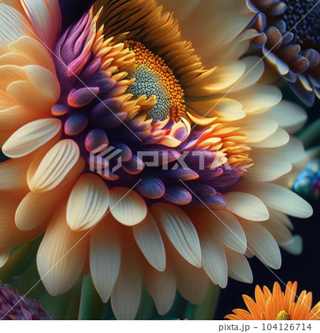 Original floral design with exotic flowers and tropic leaves. Colorful flowers on dark background. Original floral design with exotic flowers and tropic leaves. Colorful flowers on dark background. 104126714