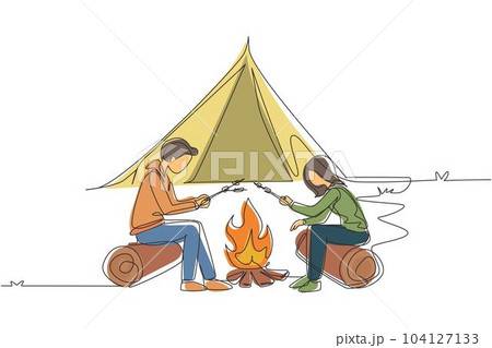 Continuous one line drawing romantic couple summer camp. Man and woman sitting by fireplace on log. Bonfire with marshmallow. Outdoor vacation in forest. Single line draw design vector illustration Continuous one line drawing romantic couple summer camp. Man and woman sitting by fireplace on log. Bonfire with marshmallow. Outdoor vacation in forest. Single line draw design vector illustration 104127133