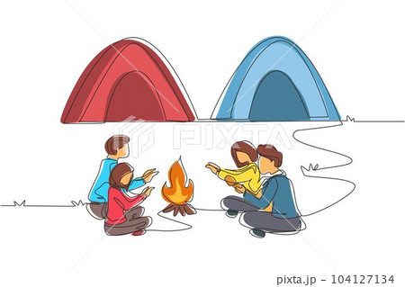 Continuous one line drawing two couple camping around campfire tents. Group of hikers warm their hands near bonfire sitting on ground, man playing guitar. Single line draw design vector illustration Continuous one line drawing two couple camping around campfire tents. Group of hikers warm their hands near bonfire sitting on ground, man playing guitar. Single line draw design vector illustration 104127134