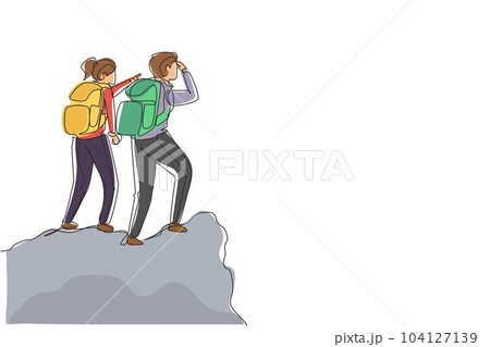 Single continuous line drawing couple on mountain. Happy woman, man climbers. Female hikers standing on rock look mountain landscape. Trekking outdoor. One line draw graphic design vector illustration 104127139