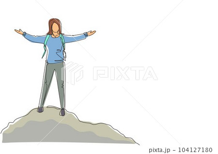 Continuous one line drawing successful climber woman stands with arms outstretched on top of mountains. Female raised her hands up in joy. Achieving success. Girl power. Single line draw design vector 104127180