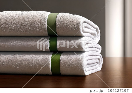 Clean three white color folded towel nice and tidy stack each other at the indoor table for fitness, bath, swimming, massage and spa marketing background and design material. Clean three white color folded towel nice and tidy stack each other at the indoor table for fitness, bath, swimming, massage and spa marketing background and design material. 104127197