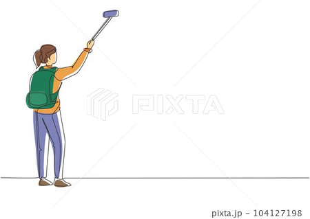 Single continuous line drawing young girl with backpack standing and taking selfie photo on her smart phone. Summer activity at nature. Travel blogger. One line draw graphic design vector illustration 104127198