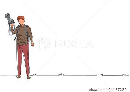 Single continuous line drawing young cheerful professional male photographer with camera joy make photography taking nature, traveling concept. Dynamic one line draw graphic design vector illustration 104127223