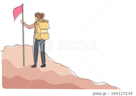 Continuous one line drawing young girl with backpack standing on top of the mountain, female climber reached the summit, summer holidays adventure. Single line draw design vector graphic illustration 104127234