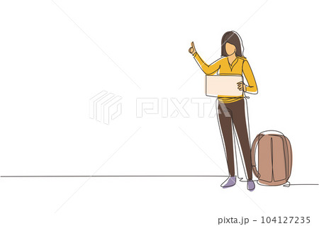 Single one line drawing women with luggage and thumbs up waiting for car by roadside. Hitchhiking road travel. Vacation and trip concept. Modern continuous line draw design graphic vector illustration 104127235