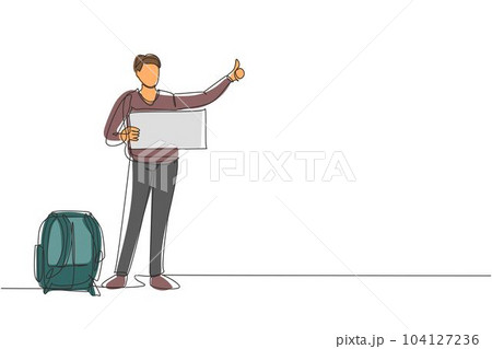 Single one line drawing hitchhiking man with luggage and thumbs up waiting for car by roadside. Smiling man thumbing or hitching ride. Modern continuous line draw design graphic vector illustration 104127236