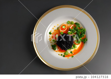 Luxury caviar food on white plate flat lay. 104127318