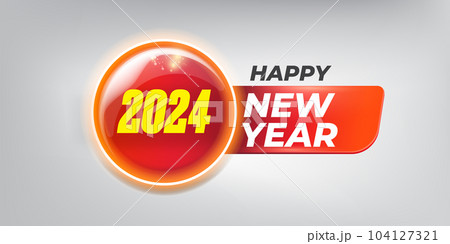 2024 Happy new year horizontal banner background and 2024 greeting card with text. vector 2024 new year sticker, label, icon, logo and badge isolated on stylish grey background 104127321