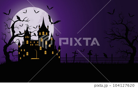 Spooky Halloween background with casttle.Bats on the background of the full moon.Halloween design.Vector illustration 104127620