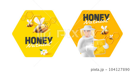 Set of honey jar labels with grapgic design 3d illustration of beekeeper and bees, packaging design Set of honey jar labels with grapgic design 3d illustration of beekeeper and bees, packaging design 104127890