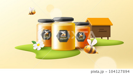 3d illustration of honey in a glass jars with flying bees and white flower on a green grass island with beehive 104127894