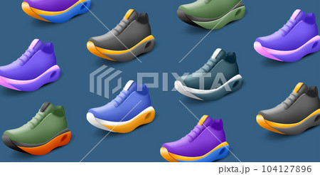 3d render composition of sport wear sneakers design collection, pattern of shoes for run and workout 104127896