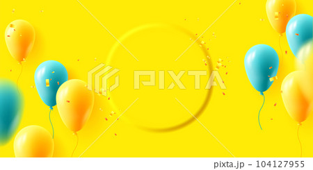 Greeting banner template with yellow and blue air balloons and convex circle for your copy 104127955