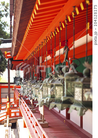 春日大社　回廊に並ぶ吊り燈籠 104128175