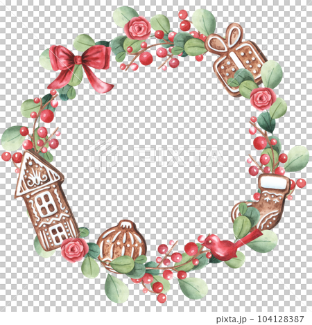 Circle wreath green branches with red berries and flower rose, ginger cookies and cotton on white background. New Year mood. For cards, decoration, invitation, print 104128387