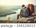 Two hikers with backpacks sitting on a rocky outcrop enjoying the view into the valley - AI content 104128413