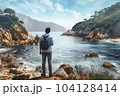 Hiker with backpack on a rocky ledge enjoys the view of a landscape with lake - AI content 104128414