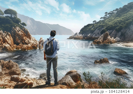Hiker with backpack on a rocky ledge enjoys the view of a landscape with lake - AI content 104128414