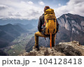 Hiker with mountaineering gear on a ledge above the clouds enjoys the view - AI content 104128418