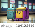 Two suitcases in turquoise, yellow and purple with smileys in a departure lounge - AI content 104128419