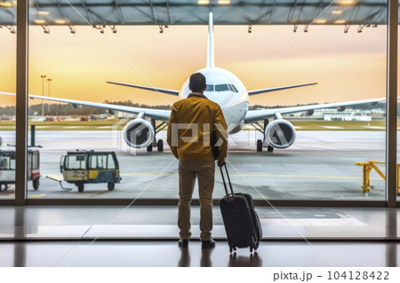 Businessman with suitcase in airport departure hall with airplane in background - AI content Businessman with suitcase in airport departure hall with airplane in background - AI content 104128422