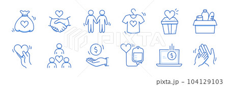 Charity hand, money, care heart doodle line icon. Charity donate, support, blood donor concept icon set. Volunteer heart, donate food hand drawn doodle sketch style line. Vector Charity hand, money, care heart doodle line icon. Charity donate, support, blood donor concept icon set. Volunteer heart, donate food hand drawn doodle sketch style line. Vector 104129103