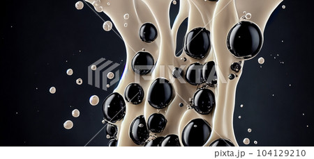 Bubble milk tea with tapioca balls splashing against black background. Taiwan milk tea with Boba or black pearl bubbles. Taiwanese drinking. Orange Latte milktea splash isolated on black. Close up. 104129210