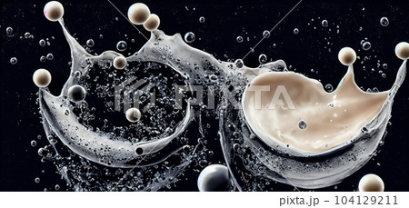 Bubble milk tea with tapioca balls splashing against black background. Taiwan milk tea with Boba or black pearl bubbles. Taiwanese drinking. Orange Latte milktea splash isolated on black. Close up. Bubble milk tea with tapioca balls splashing against black background. Taiwan milk tea with Boba or black pearl bubbles. Taiwanese drinking. Orange Latte milktea splash isolated on black. Close up. 104129211
