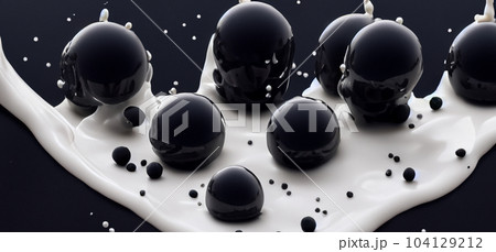 Bubble milk tea with tapioca balls splashing against black background. Taiwan milk tea with Boba or black pearl bubbles. Taiwanese drinking. Orange Latte milktea splash isolated on black. Close up. 104129212