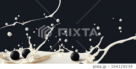 Bubble milk tea with tapioca balls splashing against black background. Taiwan milk tea with Boba or black pearl bubbles. Taiwanese drinking. Orange Latte milktea splash isolated on black. Close up. 104129239