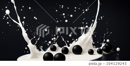 Bubble milk tea with tapioca balls splashing against black background. Taiwan milk tea with Boba or black pearl bubbles. Taiwanese drinking. Orange Latte milktea splash isolated on black. Close up. 104129243