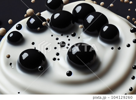 Bubble milk tea with tapioca balls splashing against black background. Taiwan milk tea with Boba or black pearl bubbles. Taiwanese drinking. Orange Latte milktea splash isolated on black. Close up. 104129260