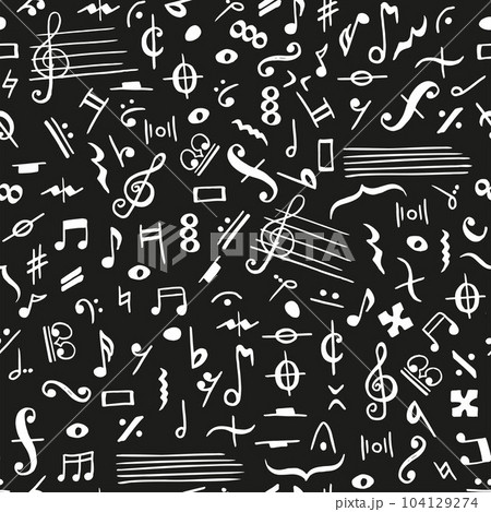 Doodle seamless pattern with hand drawn music notes on black background. Wrapping paper, textile, design 104129274