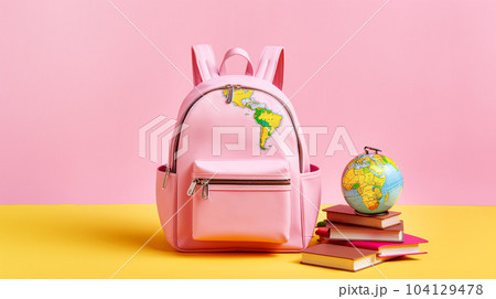 Back to school concept. Pink backpack, books and globe on yellow and pink background. Generative AI Back to school concept. Pink backpack, books and globe on yellow and pink background. Generative AI 104129478