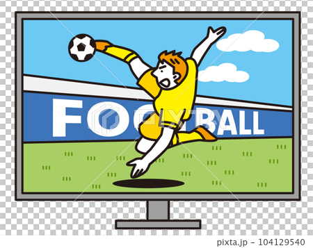 オーバーヘッドキックをする選手を映している大画面テレビ 104129540