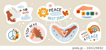 Peace and love emblems. Human hands with dove bird. Rainbow and heart. Pacifism phrases. Different skin colors arms. Hippie symbol. Stop war and freedom. Garish vector cute stickers set 104129692