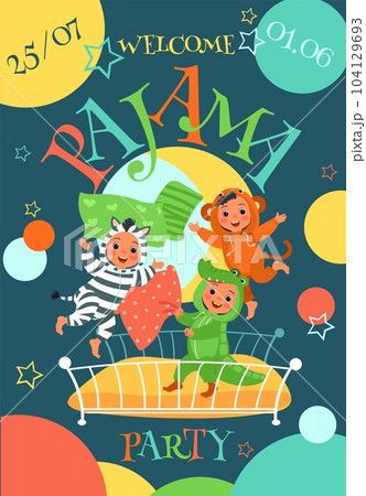 Pajama party invitation. Kids in funny overalls. Happy children in animal costumes. Pillow fight. Bed jumping. Funny nightwear kigurumi. Holiday invite flyer design. Splendid vector concept 104129693