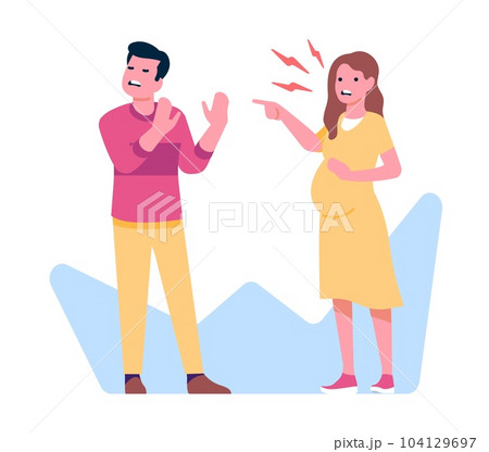 Married couple quarrels. Angry husband and irritated pregnant wife. Family conflict. Aggressive conversation. Arguing man and woman. Misunderstanding and furious dialog. Vector concept 104129697