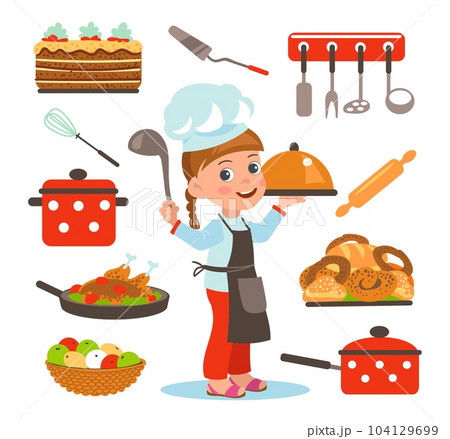 Cartoon Chef Accessories Set Chef Surrounded By Kitchen And