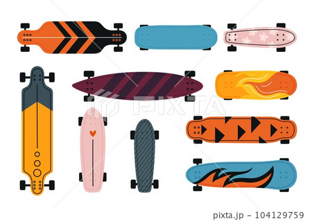 Color skateboards with wheels. Patterned longboard. Urban extreme skating culture. Sport activity. Boards for riding on asphalt or jumping. Skateboarding equipment. Garish vector set 104129759