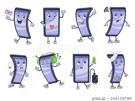 Cartoon mobile phone. Smart device mascot. Different poses and actions. Emotion expressions. Multifunctionality gadgets. Cellular communication. Messages chatting. Splendid vector set 104129790