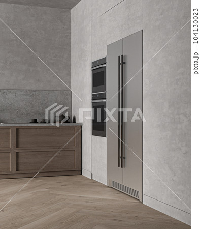 Scandinavian kitchen interior design with refrigerator and oven. Decoration with counter, wooden cabinet and stone counter top. 3d rendering. High quality 3d illustration Scandinavian kitchen interior design with refrigerator and oven. Decoration with counter, wooden cabinet and stone counter top. 3d rendering. High quality 3d illustration 104130023