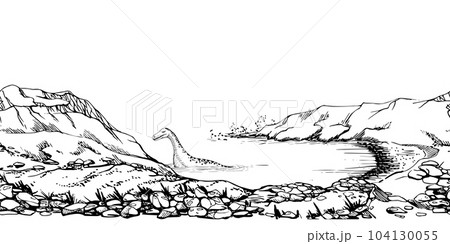 Ink hand drawn vector sketch. Seamless border. Scotland scenic landscape with lake, hills, mountains, rock wall, ancient Loch Ness monster. Design for tourism, travel, brochure, wedding, guide, print. 104130055