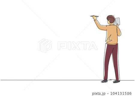 Single continuous line drawing business school professor teaching explaining and writing formula on chalkboard. Business man teacher standing at class. One line draw design graphic vector illustration Single continuous line drawing business school professor teaching explaining and writing formula on chalkboard. Business man teacher standing at class. One line draw design graphic vector illustration 104131586