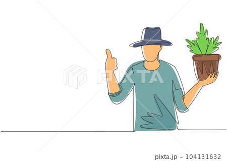Single one line drawing gardener grows flowerpot. Season for planting. Work in garden. Man in work gloves with thumbs gesture. Farmers doing job, agricultural hobby. Continuous line draw design vector 104131632